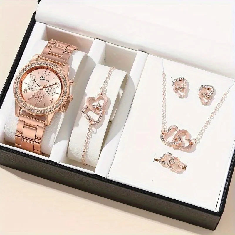 Gorgeous 6pcs Set, 1pc Women's Quartz Watch & 5pcs Heart-Shaped Rhinestone Jewelry