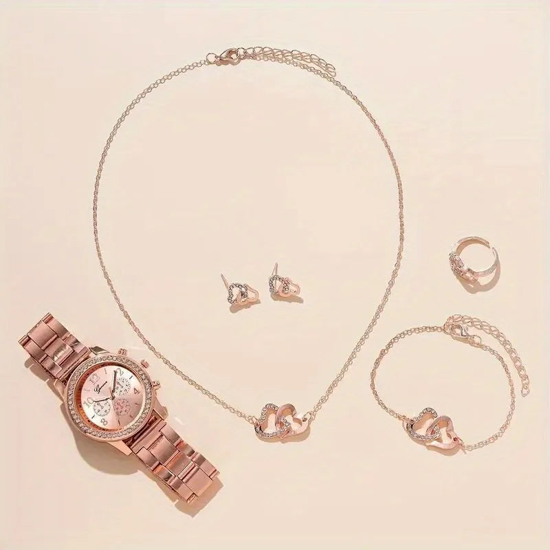 Gorgeous 6pcs Set, 1pc Women's Quartz Watch & 5pcs Heart-Shaped Rhinestone Jewelry